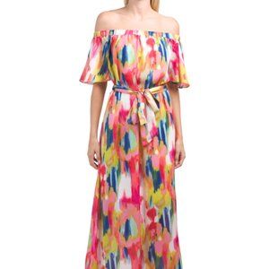 Trina Turk Watercolor Off the Shoulder Maxi Dress Gown NWT